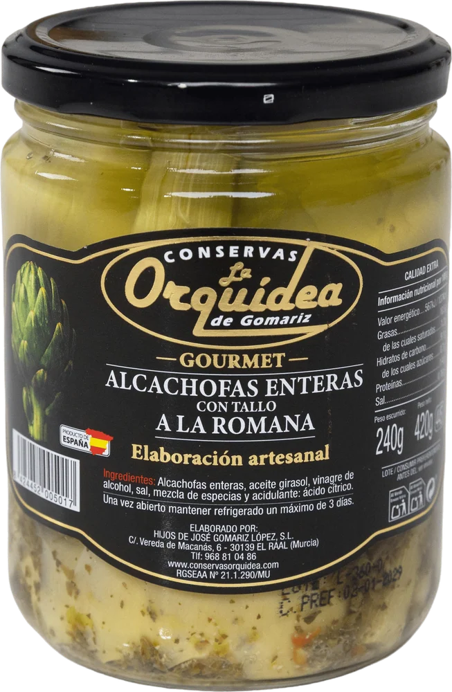 Gourmet jar of whole Roman-style artichokes with stem