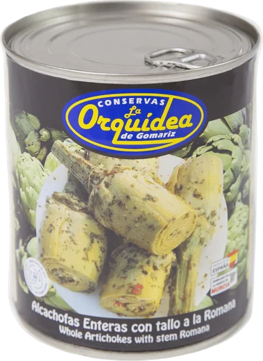 Can of whole Roman-style artichokes with stem